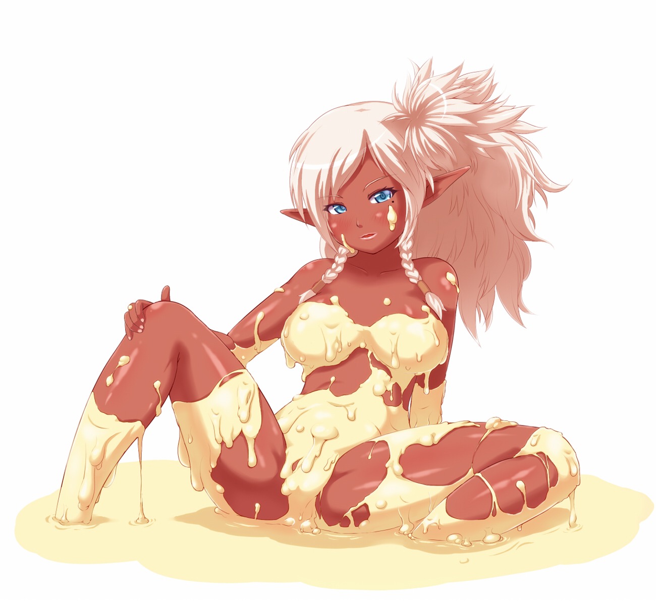 blue_eyes blush dark_skin female highres minette_(dungeon_and_fighter) monugaeru pointy_ears rule34 spread_legs white_hair