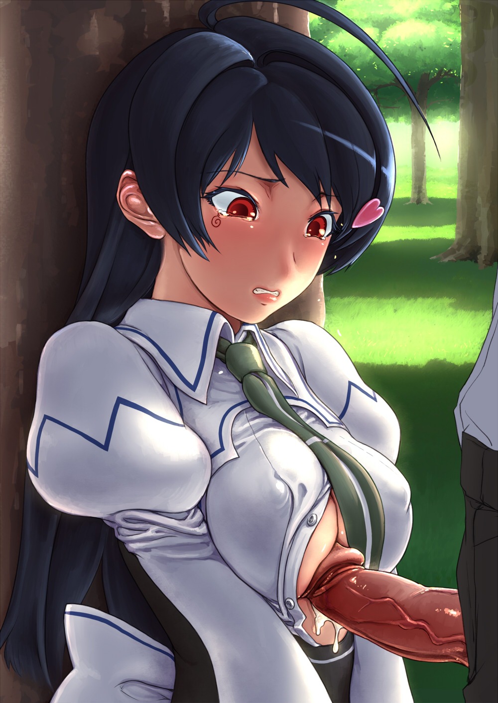 black_hair breasts cum female highres long_hair male mitonoya_saki musen-shiki_sanhankikan nipples open_clothes open_shirt paizuri paizuri_under_clothes penis perpendicular_paizuri red_eyes rule34 shirt straight straight_hair tears uncensored vanguard_princess veins veiny_penis