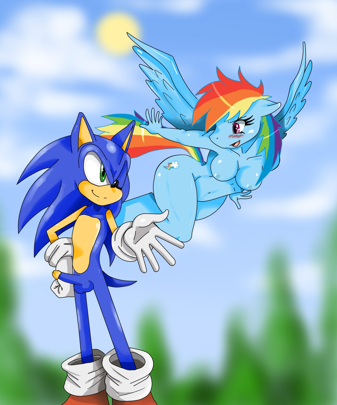 anthro anthrofied big_eyes big_head blue_body blue_feathers blue_fur breasts crossover digital_media_(artwork) duo e621 equid equine erection eulipotyphlan european_hedgehog feathered_wings feathers female friendship_is_magic fur genitals hair hasbro hedgehog hi_res male mammal multicolored_hair multicolored_tail my_little_pony mythological_creature mythological_equine mythology nipples pegasus penis rainbow rainbow_dash_(mlp) rainbow_hair rainbow_tail sega sonic_the_hedgehog sonic_the_hedgehog_(series) sssonic2 tail toony wings