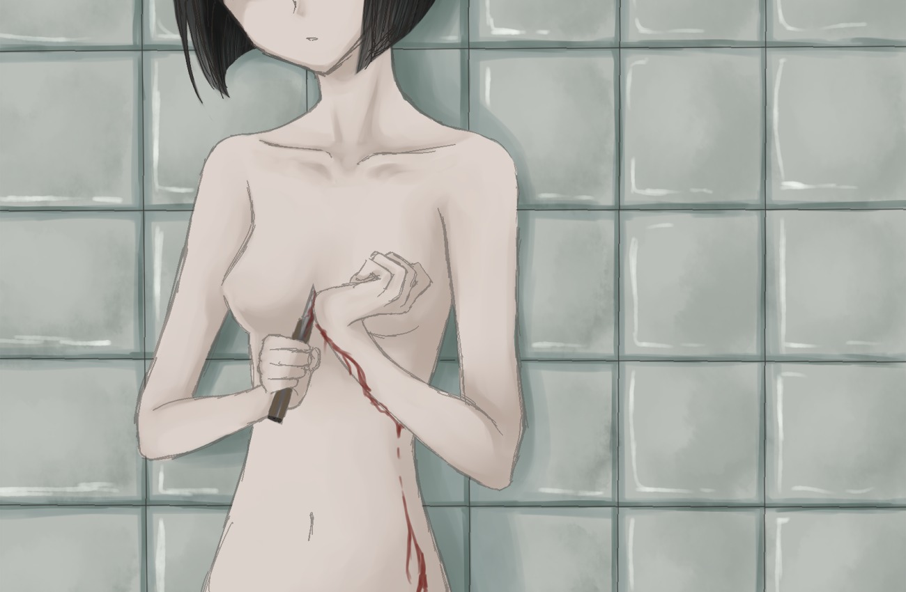bleeding blood blood_stain blood_trail color female female_only front_view gore guro incision injury misaki_nakahara navel nhk_ni_youkoso! no_nipples nude open_wound razor rule34 self_harm self_injury solo suicide welcome_to_the_nhk wound wrist_cutting