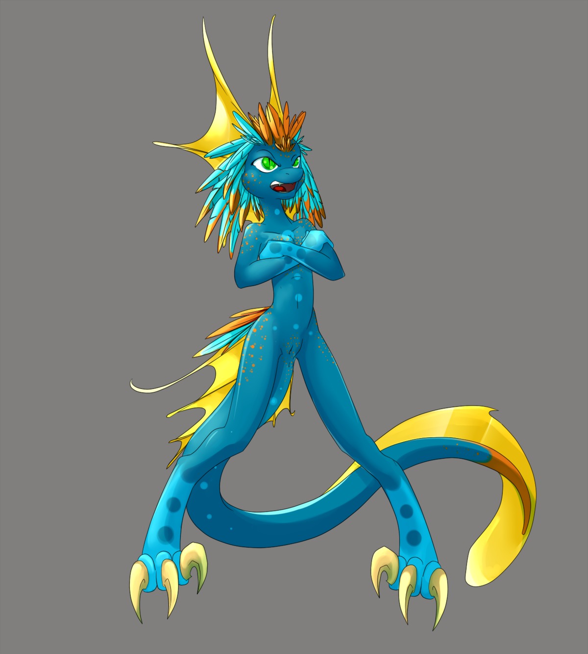 3_toes angry anthro anus blue_body blue_skin claws crossed_arms digitigrade e621 feathers feet female genitals hi_res navel reptile scalie severus slim solo toes vulva
