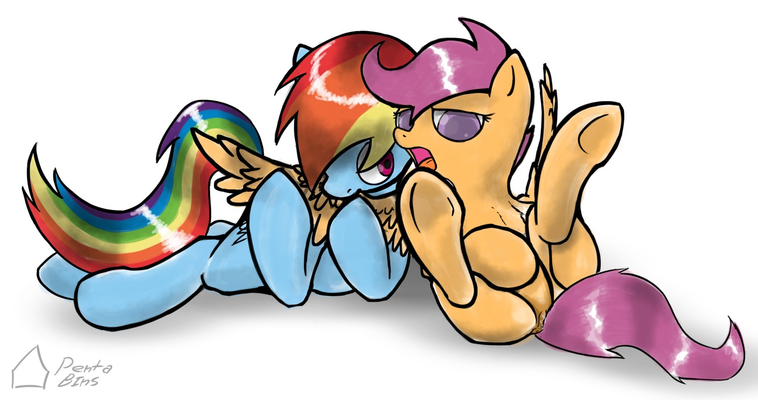 2013 absurd_res anus blue_body blue_feathers blue_fur cutie_mark duo e621 equid equine feathered_wings feathers female feral friendship_is_magic fur genitals hair hasbro hi_res mammal multicolored_hair my_little_pony mythological_creature mythological_equine mythology nude orange_body orange_feathers orange_fur pegasus pentabins purple_eyes purple_hair rainbow_dash_(mlp) rainbow_hair scootaloo_(mlp) vulva wings young young_feral