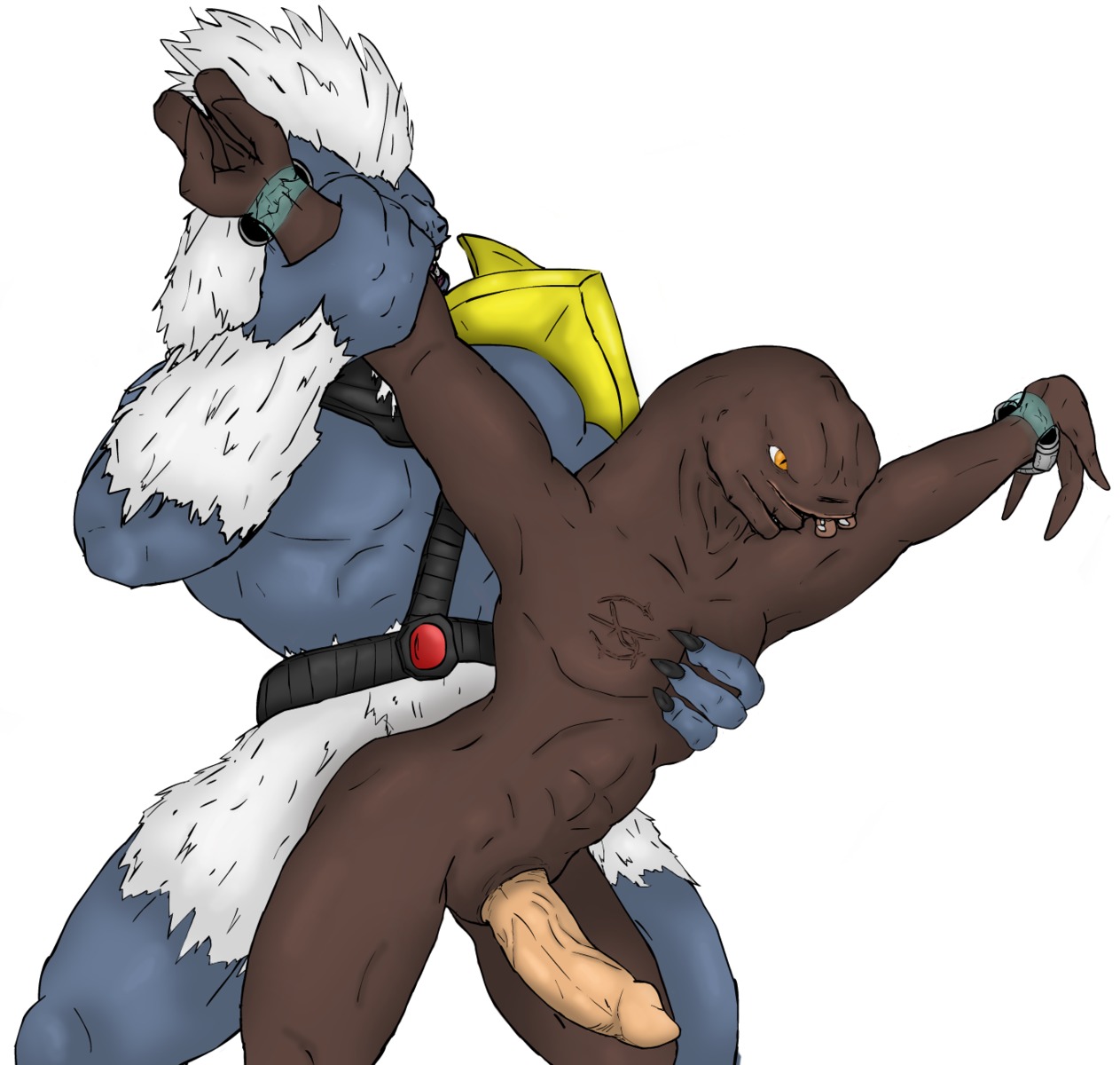 alien animal_genitalia duo e621 erection genital_slit genitals halo_(series) hi_res jiralhanae male male/male microsoft nude penis sangheili simple_background tartarus_(halo) thel_'vadam white_background xbox_game_studios
