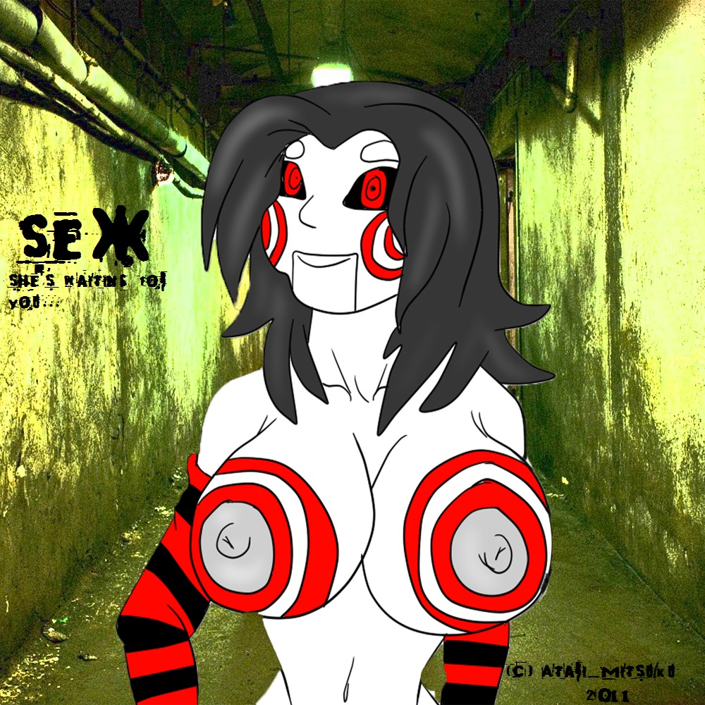 1girls armwarmer atari_mitsuku billy_the_puppet black_hair breasts color female female_only genderswap genderswap_(mtf) long_hair looking_at_viewer multicolored_body nipples red_body rule34 rule_63 saw_(series) solo white_body