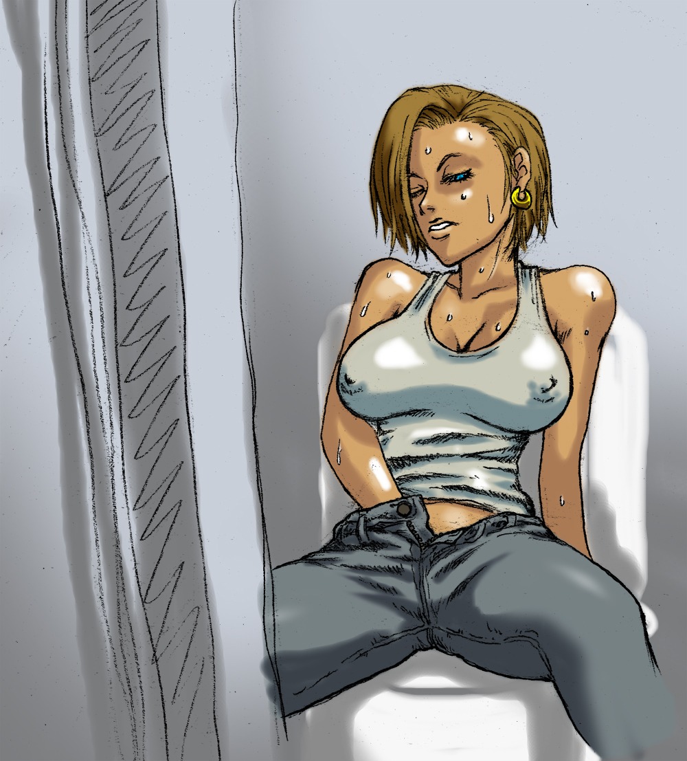 android_18 clothing dragon_ball dragon_ball_z female female_only front_view human indoors masturbation nipple_bulge pants rule34 short_hair solo straight_hair tagme