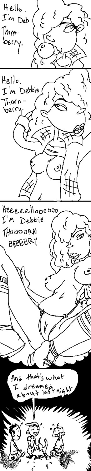 1girls big_breasts breasts bubble_gum campfire clothing comic debbie_thornberry dialogue dream female gum hair_over_one_eye male midriff monochrome navel nipples nude nudity panties rule34 tagme topless undressing wild_thornberrys