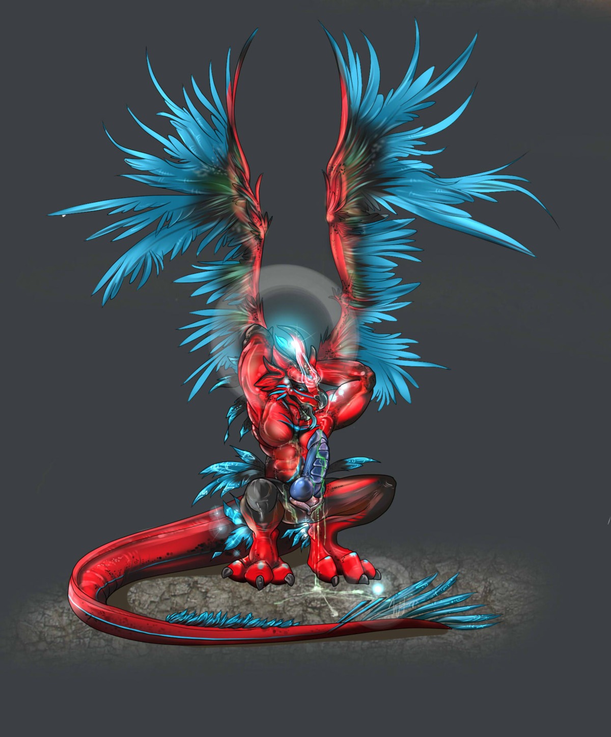 anfys aura bodily_fluids butt cum demonic dragon e621 erection feathered_dragon feathered_scalie feathered_wings feathers flayre genital_fluids genitals glowing grey_background hi_res knot male mythological_creature mythological_scalie mythology nude penis red_body ribbed_penis rift_dragon scalie simple_background solo tail wings winterpaw78
