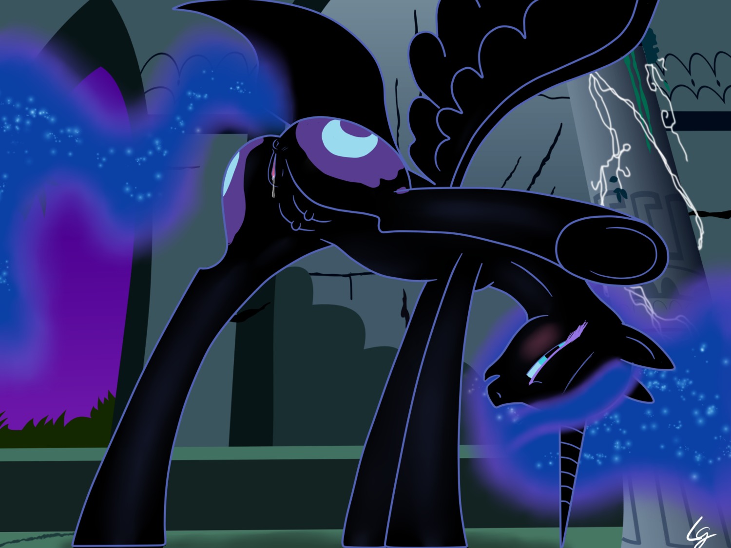 2014 4:3 anus black_body black_feathers black_fur blue_eyes blue_hair bodily_fluids butt cutie_mark e621 equid equine feathered_wings feathers female feral friendship_is_magic fur genital_fluids genitals hair hasbro hi_res horn long_hair looking_back lowgravity mammal my_little_pony mythological_creature mythological_equine mythology nightmare_moon_(mlp) open_mouth rear_view smile solo teats vaginal_fluids vulva winged_unicorn wings