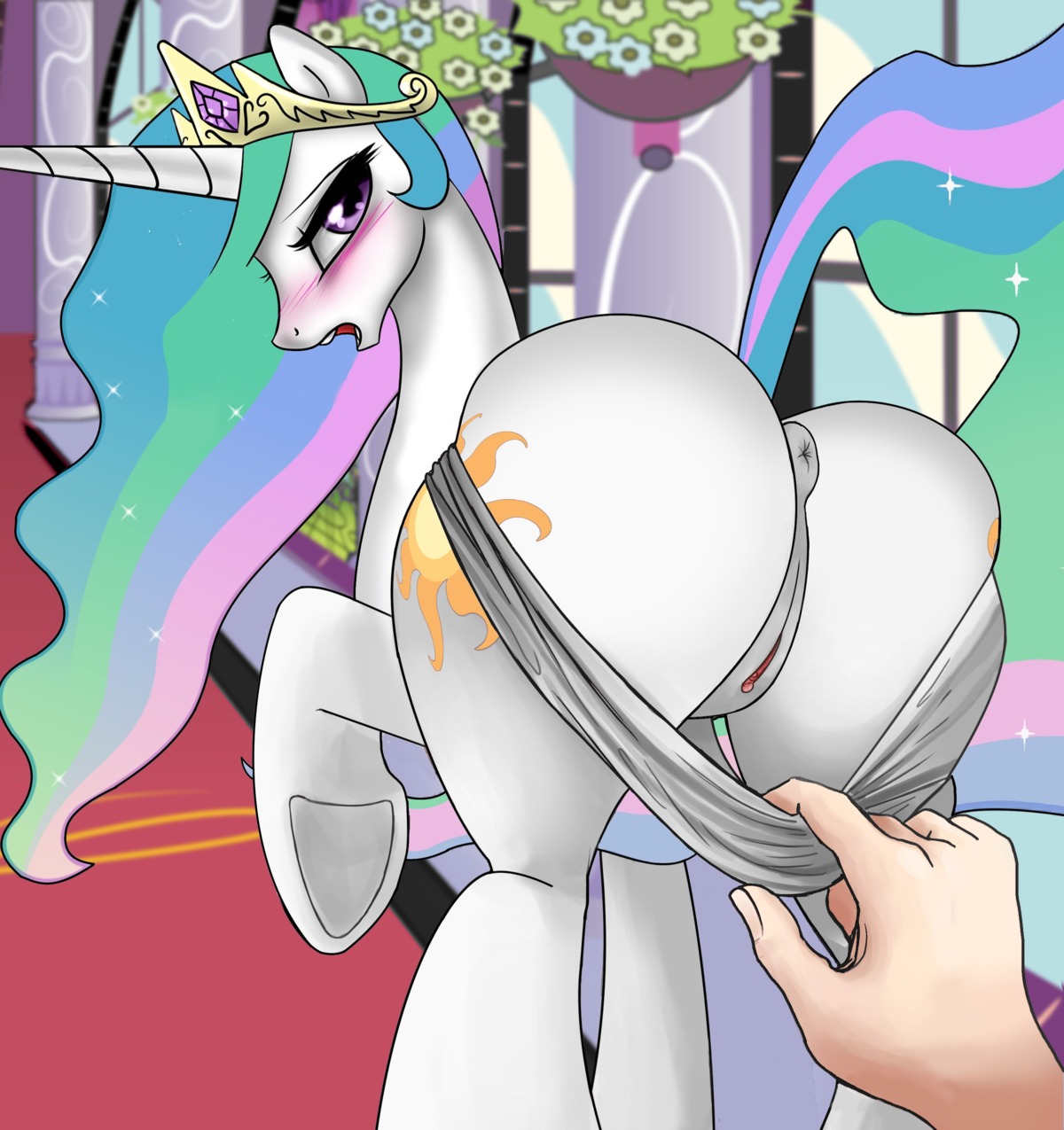 2013 absurd_res ambiguous_gender anus bestiality big_butt blush butt clitoral_winking clitoris clothed clothing clothing_pull crown cutie_mark disembodied_hand duo e621 equid equine female feral first_person_view friendship_is_magic fur genitals hair hasbro headgear hi_res hooves horn horse human human_on_feral human_pov inside interspecies john_joseco kinkypinkie long_hair looking_back mammal multicolored_hair my_little_pony panties panties_down panty_pull partially_clothed pony pov_hands presenting presenting_hindquarters presenting_vulva princess_celestia_(mlp) purple_eyes raised_leg raised_tail rammbrony standing tail third-party_edit tor underwear underwear_down underwear_pull undressing vulva white_body white_fur