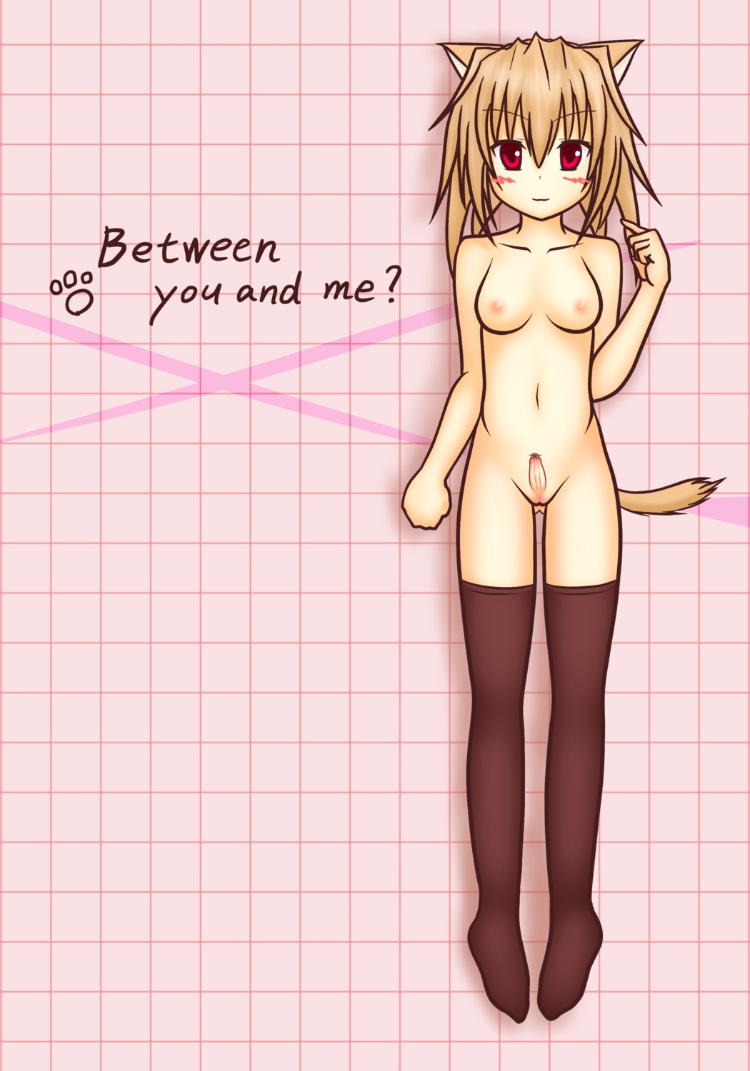 animal_ears artist_request blonde_hair blush breasts cat_ears futanari high_resolution intersex little_penis nipples penis pointing red_eyes rule34 short_hair small_penis smile solo_futa tail thighhighs
