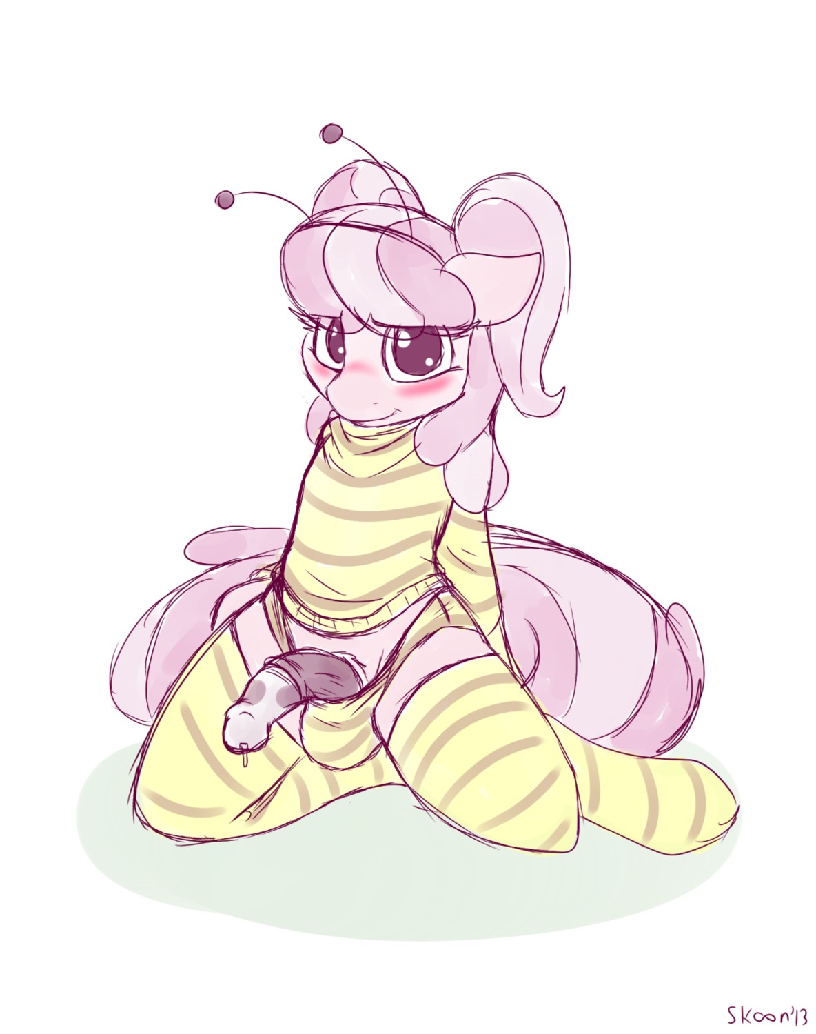 2013 animal_genitalia animal_penis balls balls_in_underwear blush bodily_fluids cheerilee_(mlp) clothing conditional_dnp costume digital_media_(artwork) e621 earth_pony equid equine equine_genitalia equine_penis friendship_is_magic genital_fluids genitals gynomorph half-erect hasbro hi_res horse intersex legwear looking_at_viewer mammal my_little_pony panties penis pony precum shirt skoon smile solo stockings tail topwear underwear