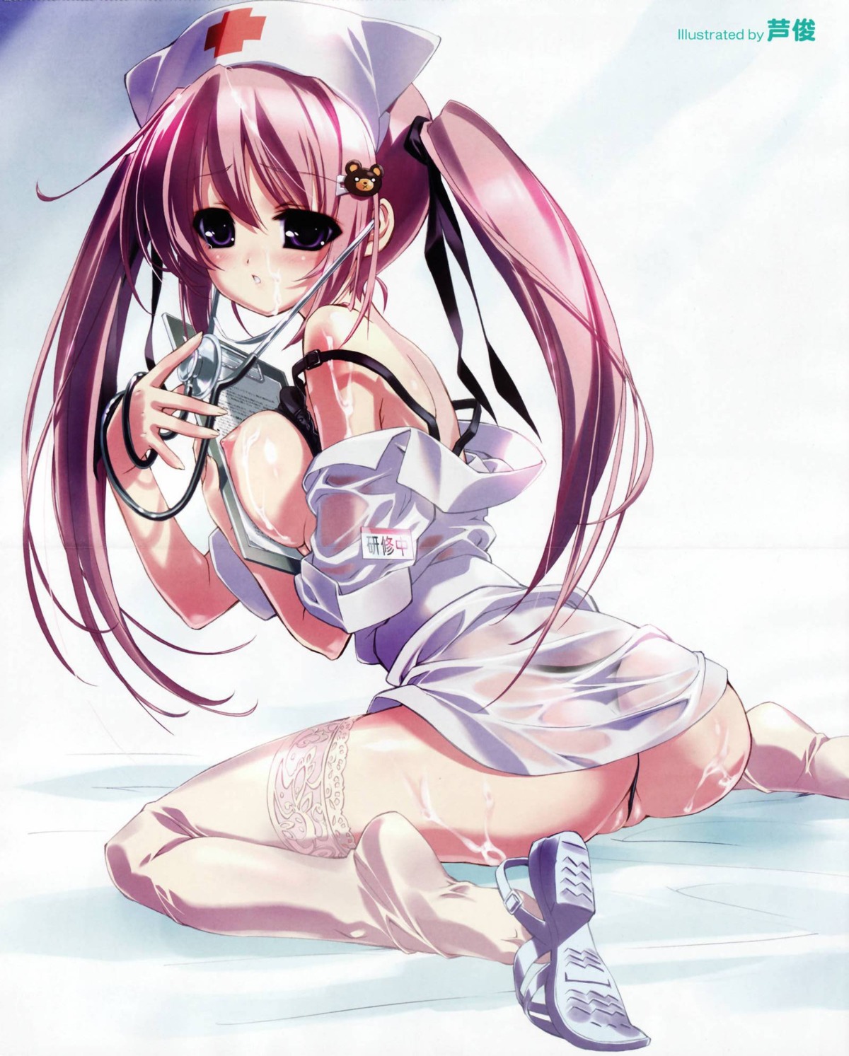 bra cum female nipples nurse open_clothes open_shirt oppai panties rule34 shirt stethoscope thighhighs thong wet_clothes