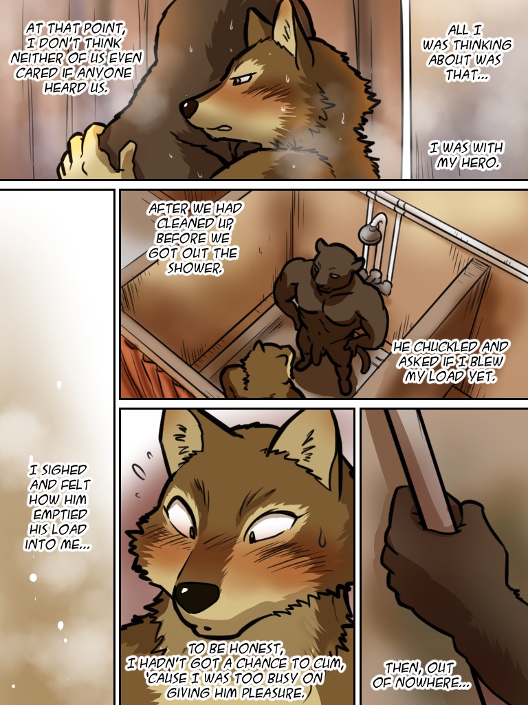 2014 3:4 after_sex anthro army bathroom biceps black_body black_fur blush bodily_fluids brown_body brown_fur canid canine canis coal_(maririn) comic duo e621 english_text featureless_feet feet felid fur holding_object inside male mammal maririn melanistic mondo muscular nude pantherine pecs restricted_palette standing sweat text wolf