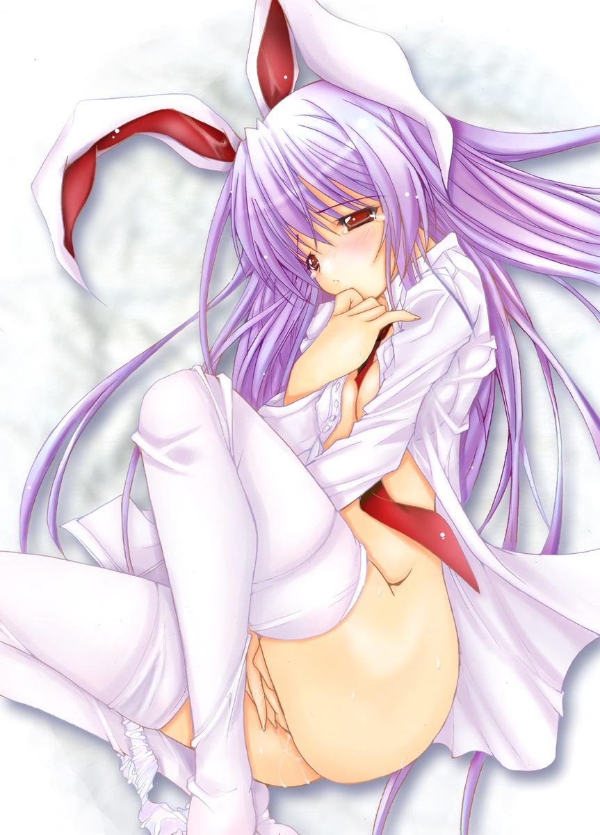 animal_ear bottomless bunny_ear dress_shirt female fingering highres long_hair masturbation naked_shirt no_bra no_panties open_clothes open_shirt panties panties_around_leg panties_around_one_leg purple_hair pussy pussy_juice red_eyes reisen_udongein_inaba rule34 shirt solo taketoshi_aki tears thighhighs touhou uncensored underwear white_legwear white_panties