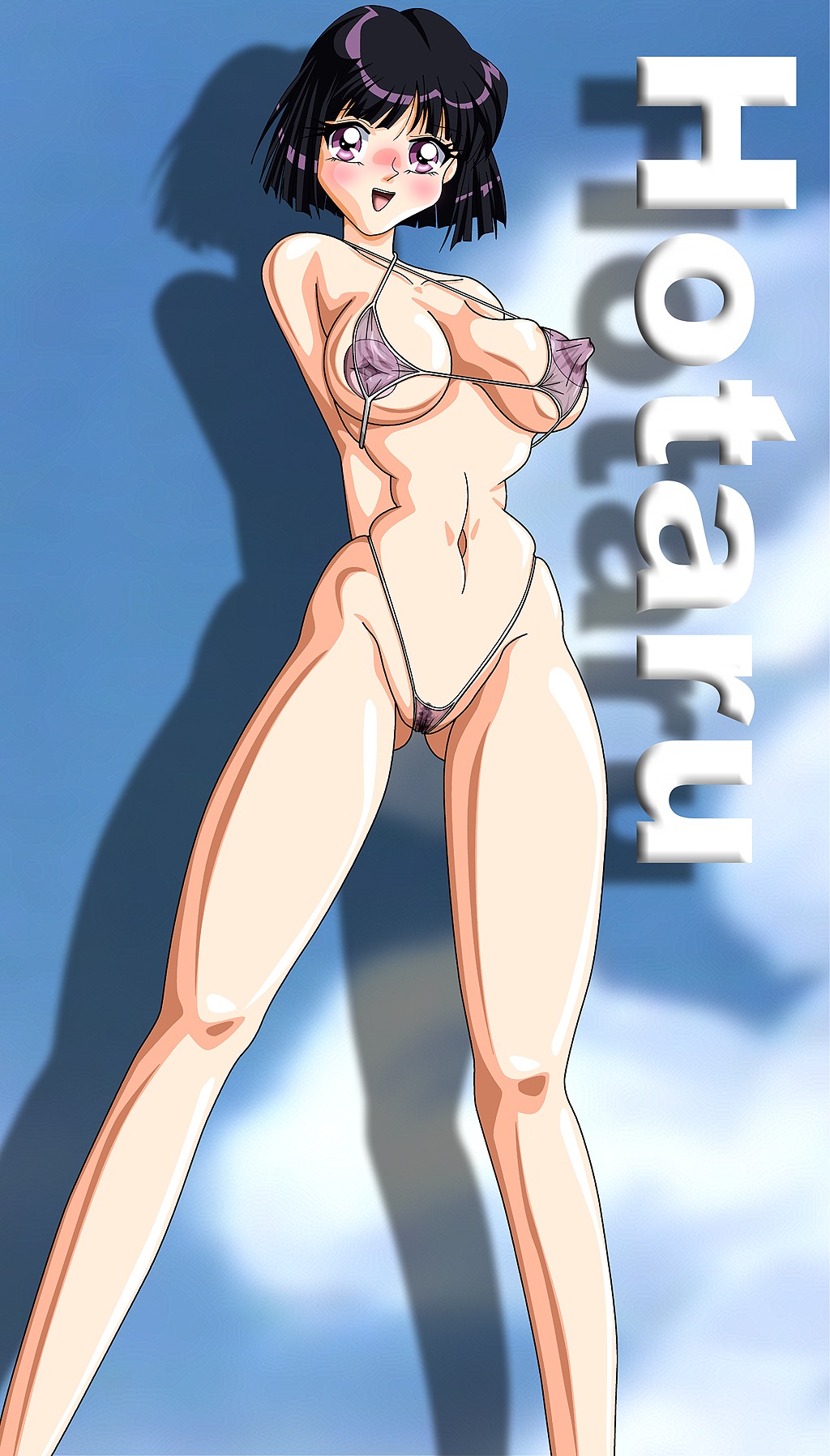 bikabika bishoujo_senshi_sailor_moon breasts female female_only hotaru_tomoe inverted_nipples looking_at_viewer medium_breasts navel open_mouth purple_eyes purple_hair rule34 see-through see-through_swimsuit short_hair smile solo swimsuit tagme