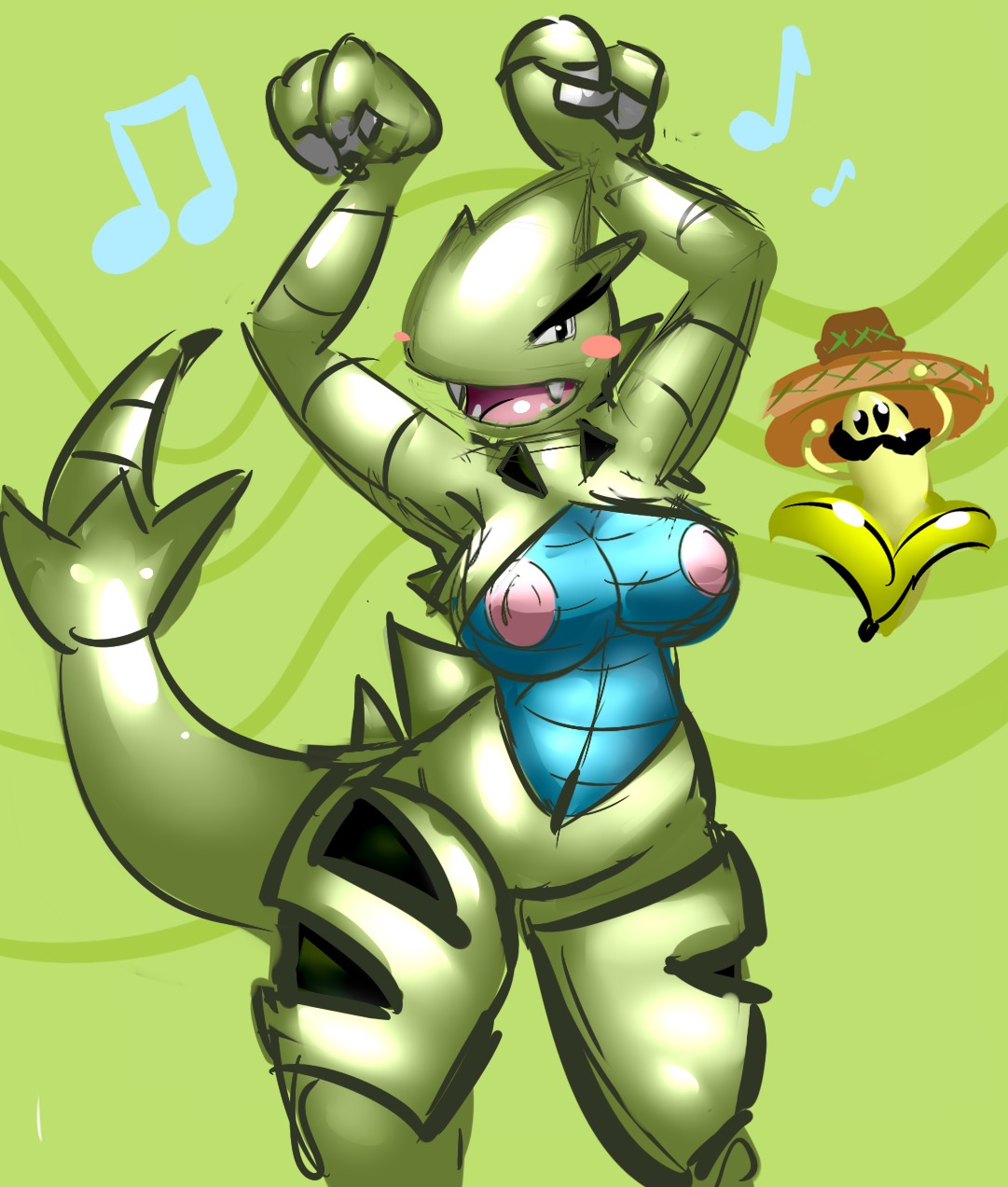 2013 anthro banana black_eyes blue_body blue_countershading blush breasts clothing countershading dancing digital_media_(artwork) e621 elpatrixf facial_hair female food fruit generation_2_pokemon genitals hat headgear headwear hi_res musical_note musical_symbol mustache nintendo nipples pink_nipples plant pokemon pokemon_(species) pokemorph simple_background solo sombrero symbol tail tyranitar vulva