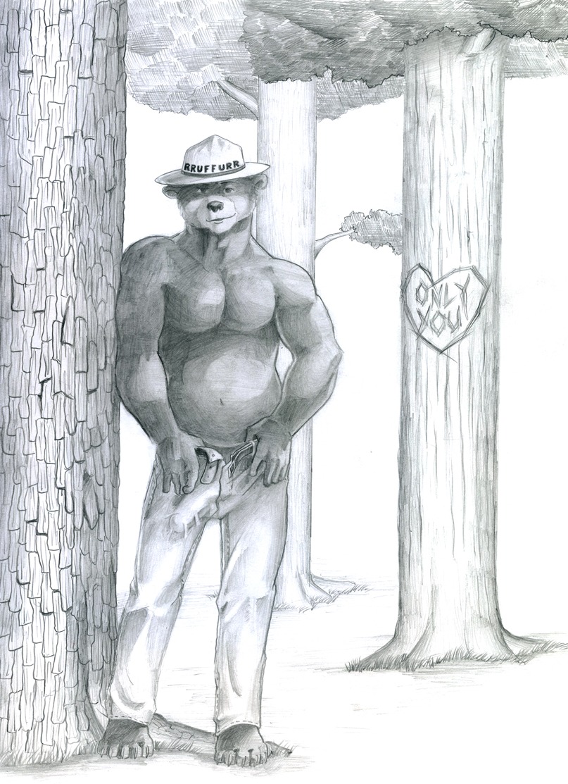 anthro bear bottomwear bulge clothed clothing e621 forest looking_at_viewer male mammal musclegut muscular open_bottomwear open_clothing open_pants outside pants plant slightly_chubby solo topless tree tush_(artist)