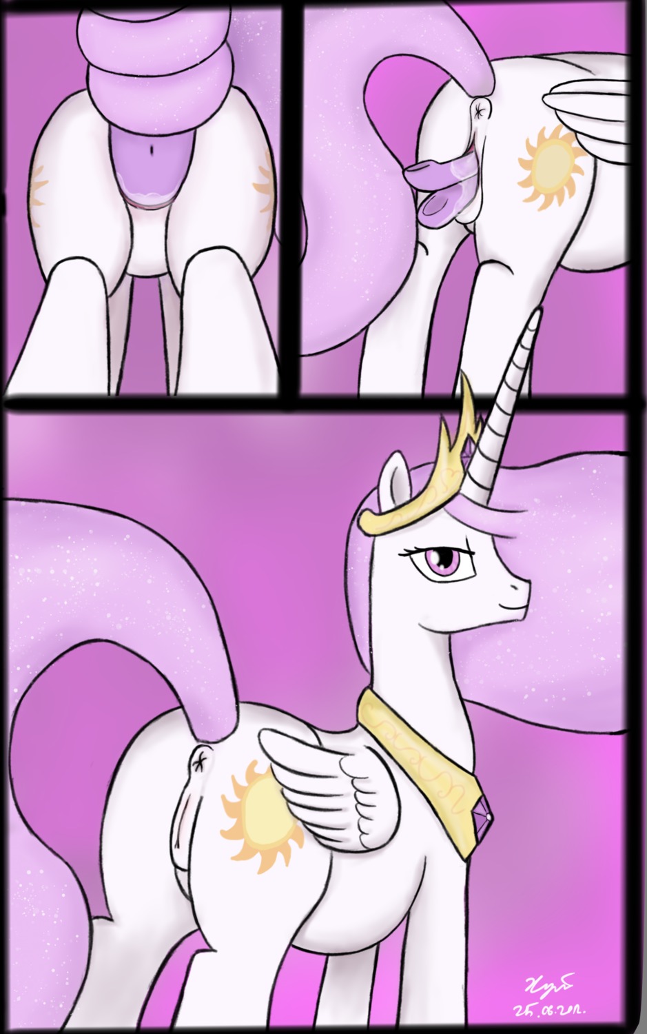 2012 abdominal_bulge anus butt cutie_mark duo e621 equid equine fan_character feathered_wings feathers female feral friendship_is_magic fur genitals hair hasbro hi_res horn long_hair mammal multicolored_hair my_little_pony mythological_creature mythological_equine mythology princess princess_celestia_(mlp) princess_molestia purple_body purple_fur quadruped royalty smile tail twilight_sparkle_(mlp) unbirthing vaginal vaginal_foot_gulp vore vulva winged_unicorn wings xyi