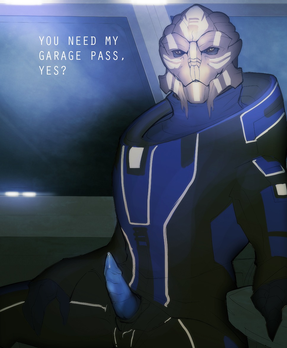 3_fingers alien bioware blue_penis bodily_fluids clothed clothing dialogue e621 electronic_arts english_text erection fingers fully_clothed genital_fluids genitals lorik_qui'in male mass_effect meken penis precum sitting solo talking_to_viewer text turian