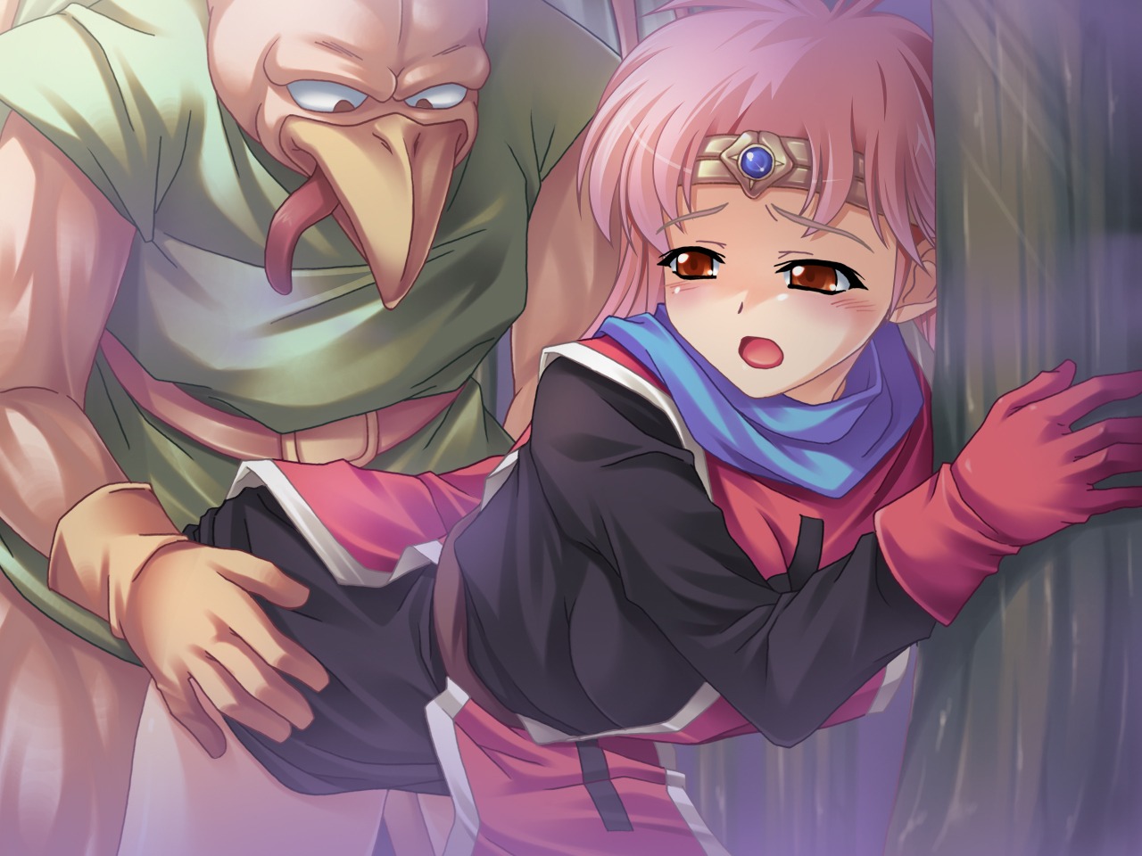 blush breasts clothed_sex clothing dragon_quest dragon_quest_dai_no_daibouken female maam medium_breasts monster pink_hair reason_(artist) red_eyes rule34 sex