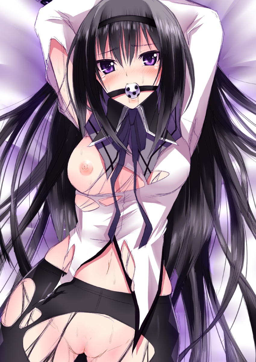 1girls akemi_homura arms_up ball_gag black_hair blush bondage breasts daive female gag gagged hairband highres long_hair mahou_shoujo_madoka_magica navel nipples pantyhose purple_eyes pussy rule34 shirt solo tear tied_up torn_clothes torn_pantyhose torn_shirt uncensored