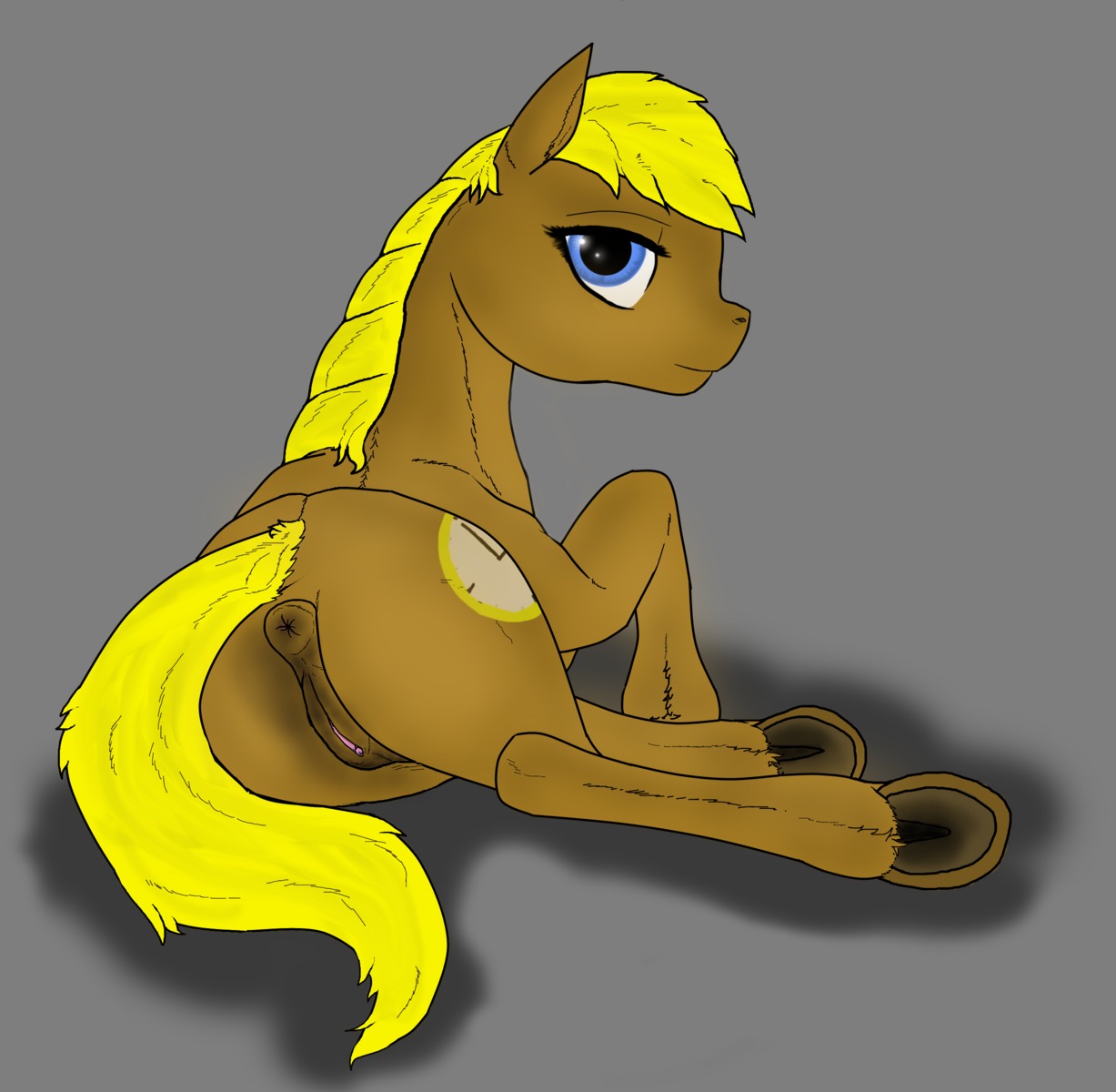 alpha_channel anus blonde_hair brown_body brown_fur butt cutie_mark e621 earth_pony equid equine female feral fur genitals hair hasbro hi_res hooves horse looking_at_viewer looking_back lying mammal mane my_little_pony pony shappyra simple_background solo transparent_background unknown_artist vulva