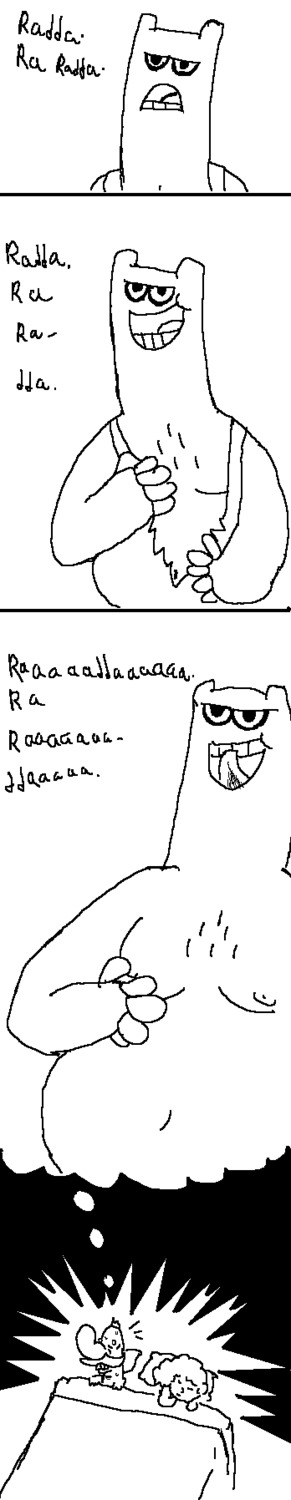 1girls 2boys 5_fingers apron artist_request big_nose cartoon_network chowder comic cover dialogue dream eyes_closed facial_hair female frown humanoid male male_focus monster moustache mouth_open mung_daal nipples no_nose noseless pillows rock_monster rule34 shnitzel sleeping smile stripping surprised sweat tagme teeth_showing thought_bubble truffles_(chowder) uncolored waking_up white_background