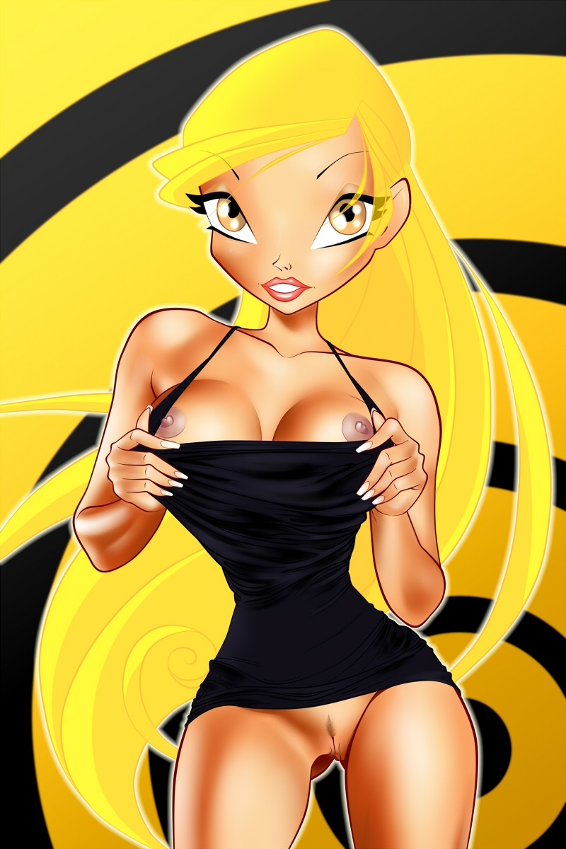 1girls amber_eyes areola areolae black_dress blonde_hair breasts cleavage dress erect_nipples eyeshadow female hourglass_figure human lipstick long_hair looking_at_viewer makeup mascara nipples pubic_hair pussy rainbow_(animation_studio) rule34 solo stella_(winx_club) thin_waist wasp_waist winx_club zfive