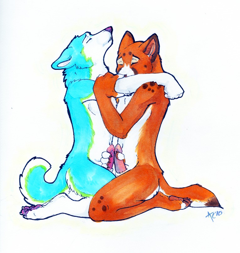 2010 amesherla blue canine closed_eyes frottage furry male nude orange_body orange_fur penis rule34 sex yaoi