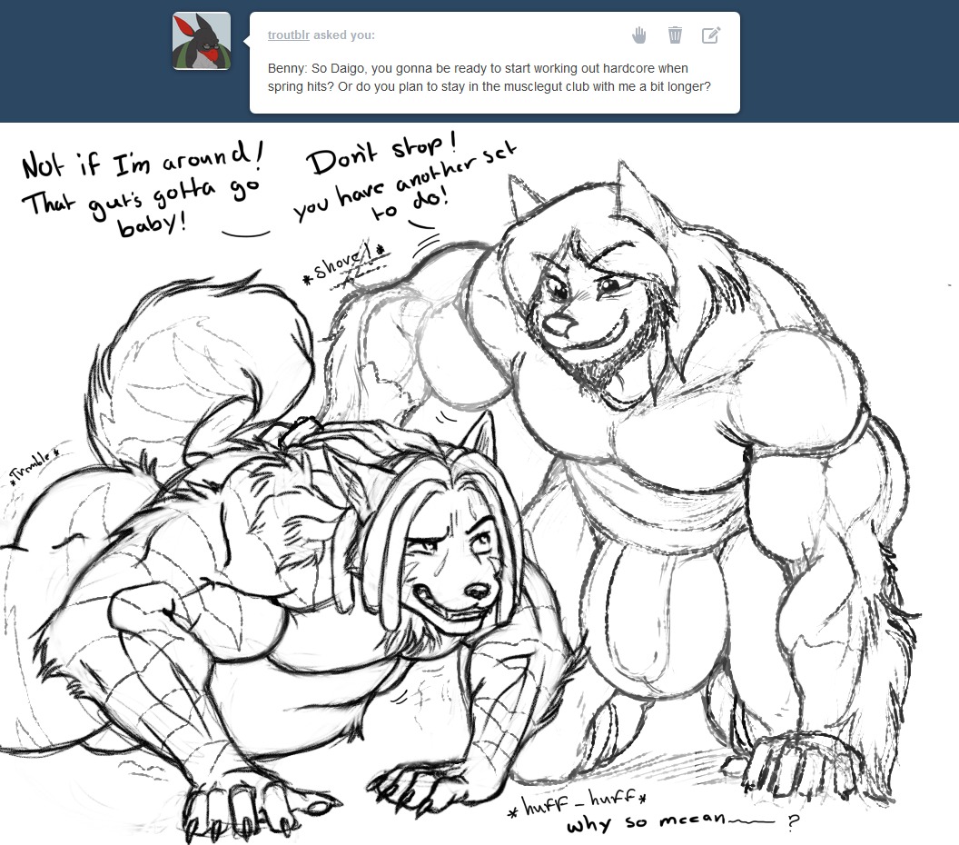 2013 abs anthro biceps big_bulge bulge canid canine canis clothing daigo daigo_(character) dialogue duo e621 english_text exercise hair male male/male mammal muscular pecs raised_tail simple_background sketch tail text thick_thighs tumblr white_background wide_hips wolf