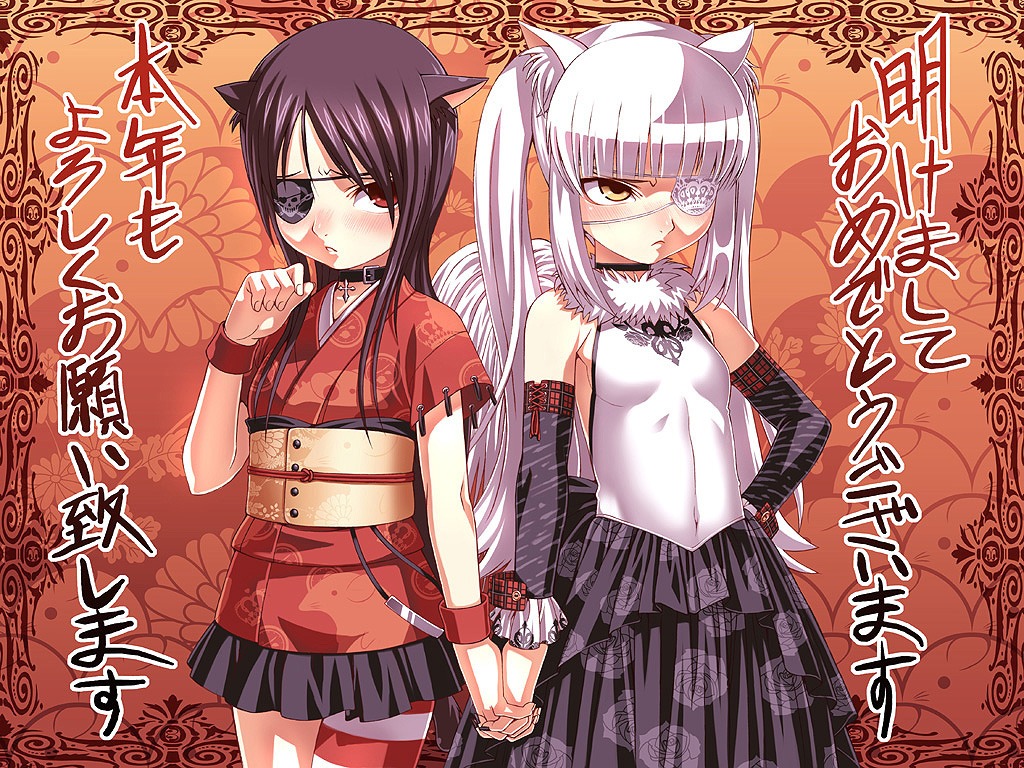 animal_ears asymmetrical_clothes blush cat_ears clothes detached_sleeves eye_patch female holding_hands japanese_clothes kimono kimono_skirt kotoyoro nekomimi new_year red_eyes rule34 single_thighhigh skirt tasaka_shinnosuke thighhighs yellow_eyes
