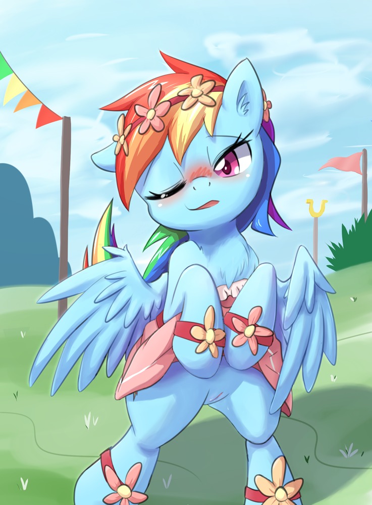 2014 aymint blue_body blue_feathers blue_fur blush clothed clothing dress e621 equid equine feathered_wings feathers female feral flashing friendship_is_magic fur genitals hair half-closed_eyes hasbro looking_at_viewer mammal multicolored_hair my_little_pony mythological_creature mythological_equine mythology narrowed_eyes one_eye_closed outside pegasus rainbow_dash_(mlp) rainbow_hair solo standing vulva wings