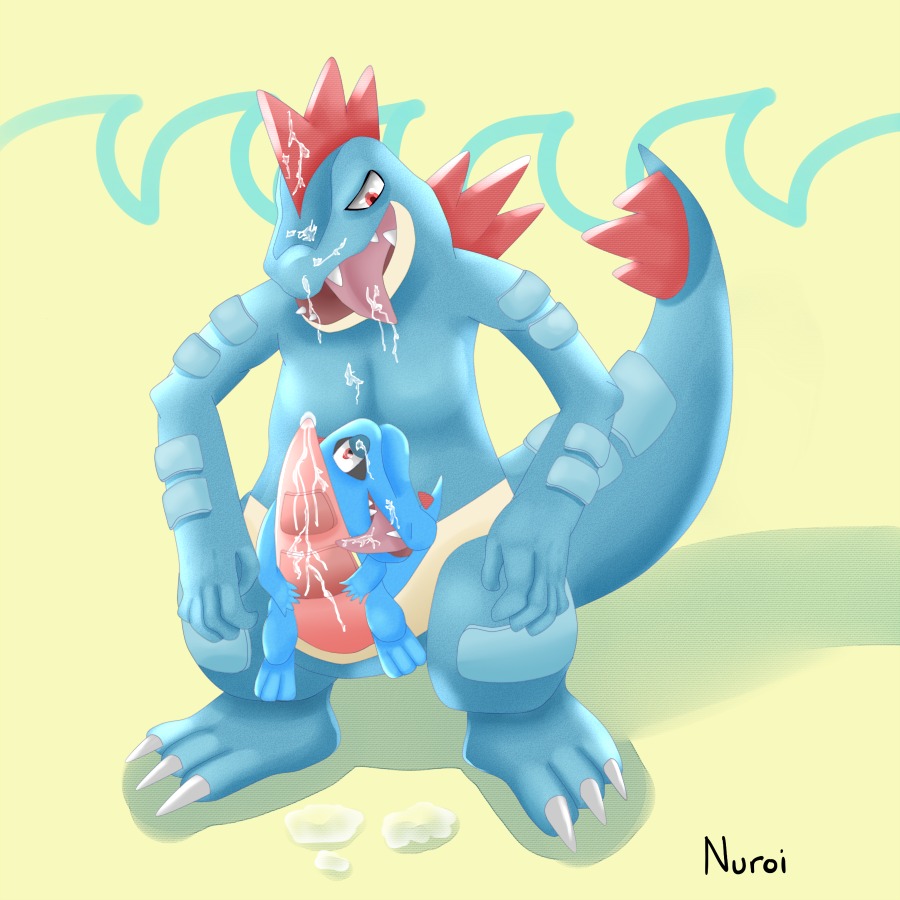 1:1 2013 ambiguous_gender anthro blue_body blue_skin bodily_fluids claws cum cum_on_face cum_on_tongue duo e621 erection feral feral_on_feral feraligatr generation_2_pokemon genital_fluids genitals larger_male looking_down male messy nintendo nuroi penile penis penis_riding pokemon pokemon_(species) pose reptile scalie size_difference size_play smaller_ambiguous standing toe_claws tongue tongue_out totodile