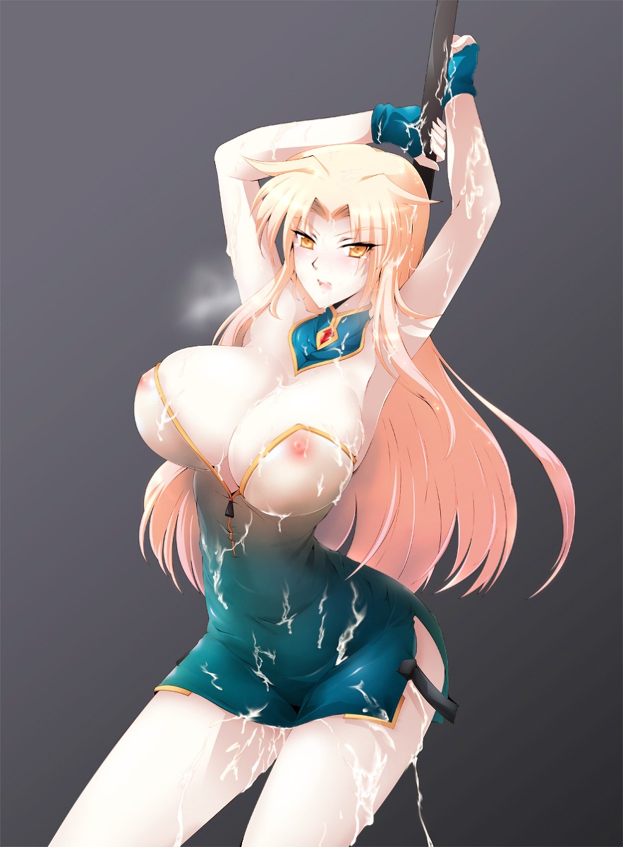armpits arms_up artist_request big_breasts blonde_hair breasts bukkake cleavage cum cum_everywhere dress female highres large_breasts nipples original rule34 see-through simple_background