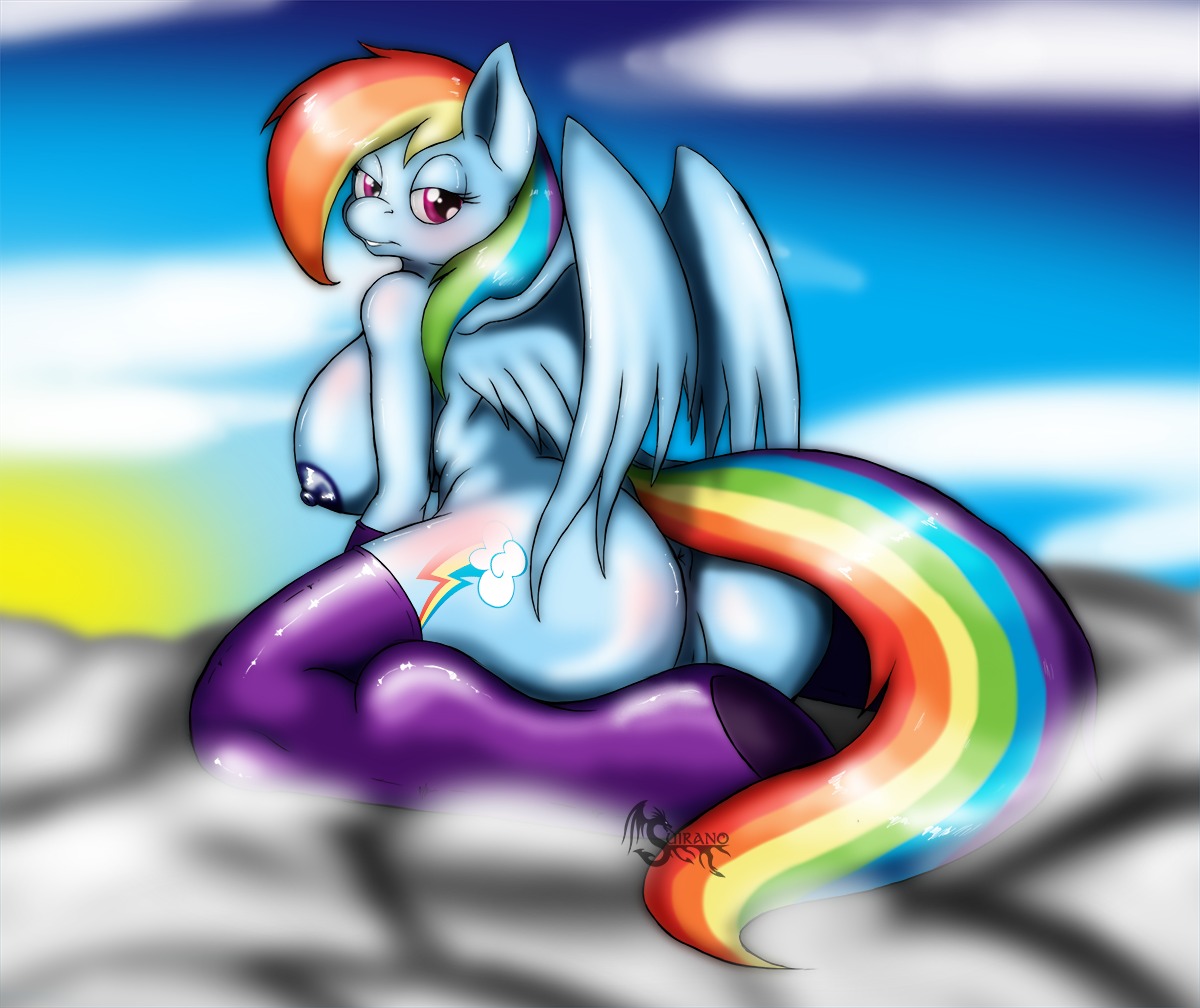 2014 anthro anthrofied anus biped blue_body blue_feathers blue_fur blush body_blush breast_blush breasts butt butt_blush clothing cloud conditional_dnp cutie_mark e621 equid equine feathered_wings feathers female friendship_is_magic fur hair half-closed_eyes hasbro legwear looking_at_viewer mammal multicolored_hair multicolored_tail my_little_pony mythological_creature mythological_equine mythology narrowed_eyes nipples outside pegasus purple_eyes rainbow_dash_(mlp) rainbow_hair rainbow_tail sky skyscape solo suirano tail thigh_highs wings
