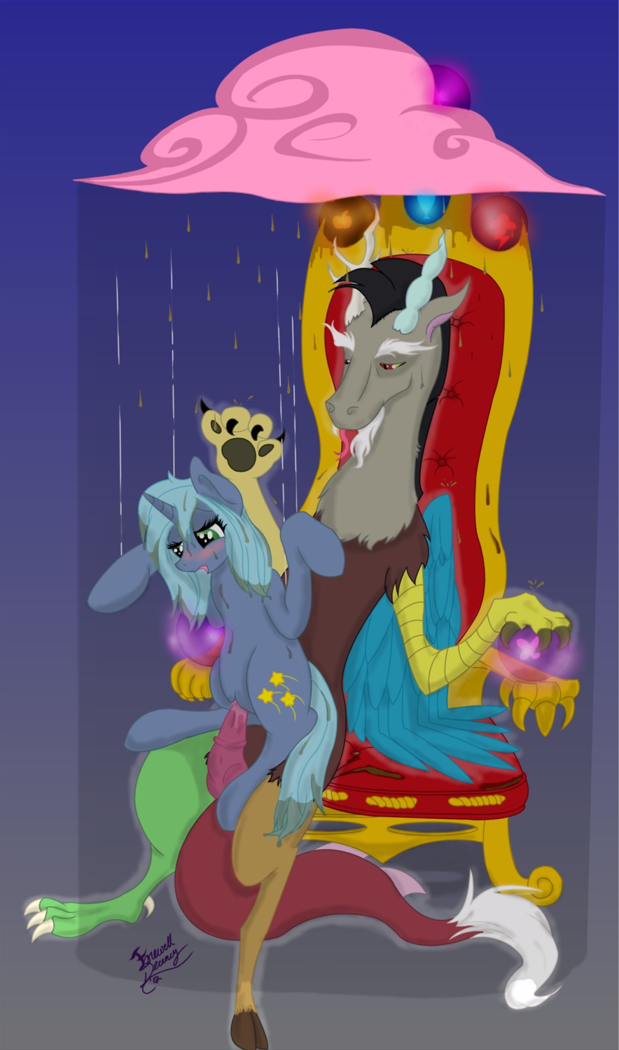 2012 antlers bad_end blue_body blue_feathers blue_hair chair chair_position chimera cloud cutie_mark discord_(mlp) draconequus duo e621 equid equine fan_character farewelldecency feathered_wings feathers female feral friendship_is_magic from_behind_position fur furniture green_eyes grey_body grey_fur hair hasbro hi_res horn interspecies male male/female mammal my_little_pony mythological_creature mythological_equine mythology nude red_eyes sex signature sitting size_difference tail tail_tuft throne tuft unicorn wings
