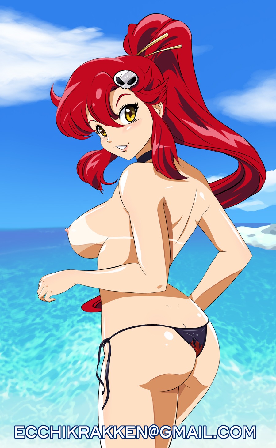 ass bikini bikini_bottom blush breasts choker female hair_ornament long_hair looking_at_viewer nipples octopi outdoors ponytail red_hair rule34 side-tie_bikini sideboob skull_hair_ornament smile solo standing tanline tengen_toppa_gurren_lagann tied_hair topless water yellow_eyes yoko_littner