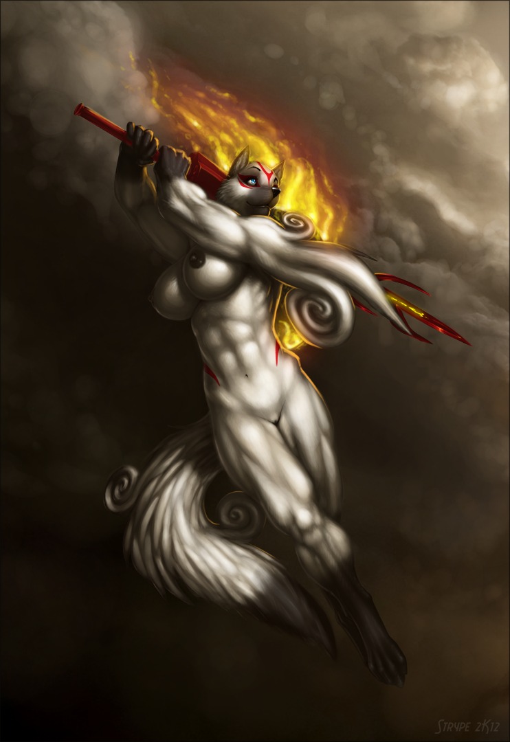2012 amaterasu anthro blue_eyes breasts canine deity female mammal muscles nude okami pussy rule34 solo strype sword tagme weapon wolf