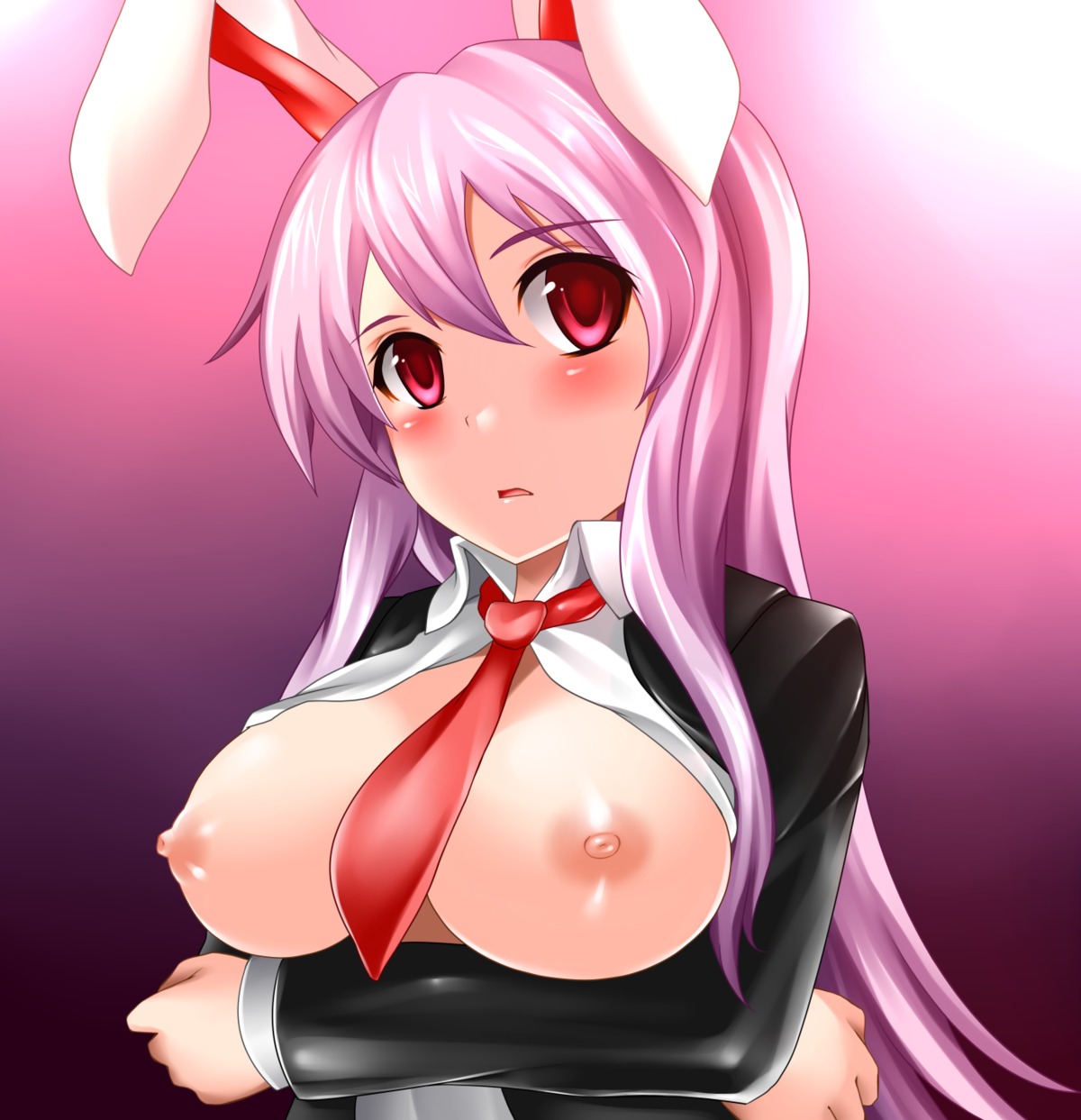 1girls animal_ear blazer blush breasts bunny_ear female highres large_breasts long_hair necktie nipples pink_hair red_eyes reisen_udongein_inaba rule34 solo touhou yoshimo