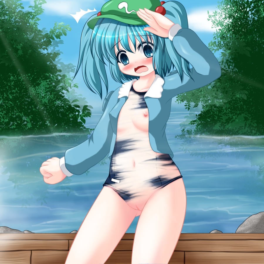 artist_request blue_eyes blue_hair blush breasts embarrassed female hair_bobbles hair_ornament hat navel nipples nitori_kawashiro open_mouth pussy rule34 salute see-through see-through_swimsuit short_hair short_twintails solo surprised swimsuit tied_hair touhou twintails water