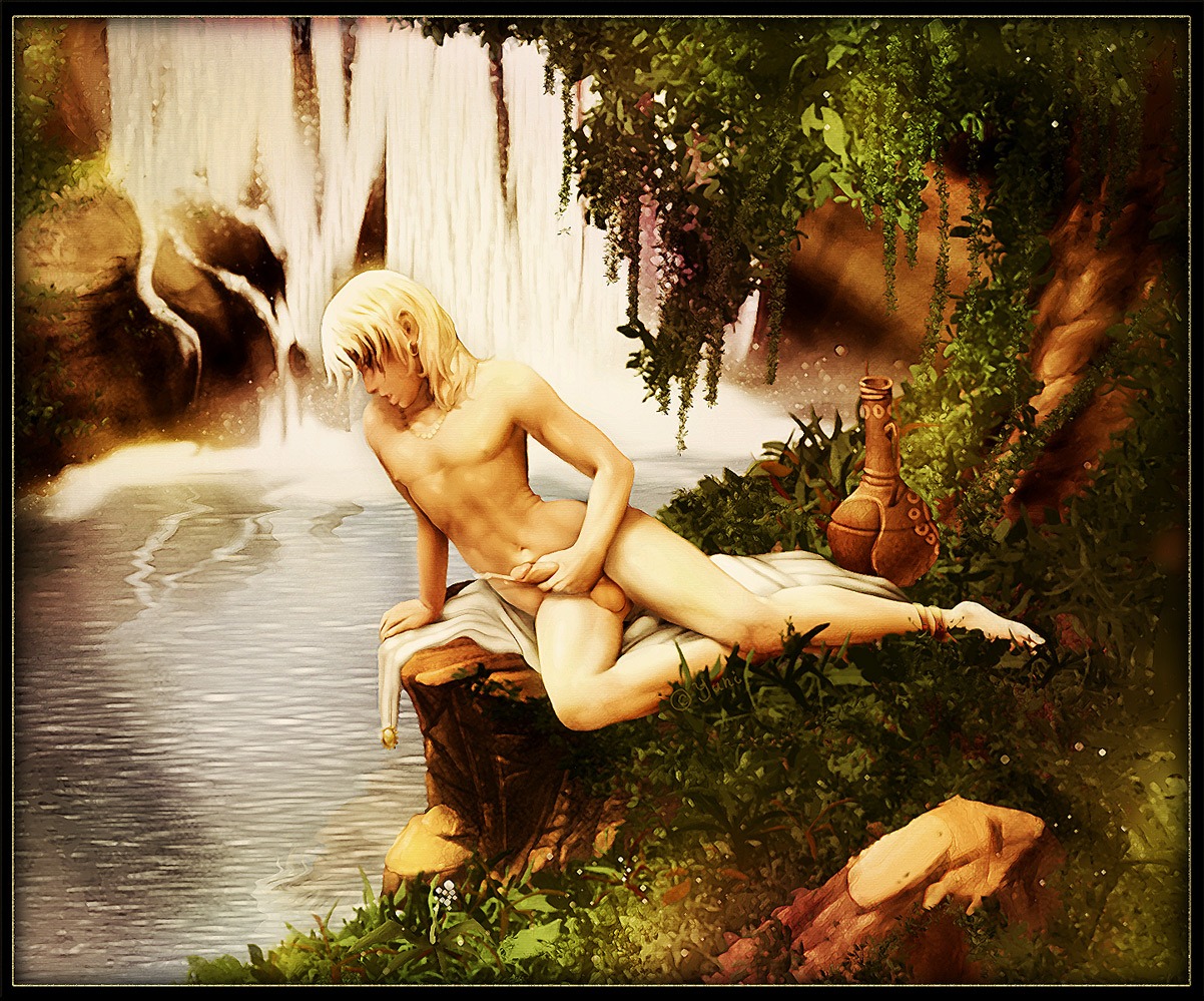 1boy blonde_hair color container cum cute_male detailed_background earrings ejaculation erect_nipples greek_mythology jahi jewelry jug just_jacked_off male male_only masturbation muscles muscular narcissus narcissus_(mythology) necklace nipples nude on_ground outdoors outside painting_(artwork) penis plants public_domain reflection rule34 selfcest sitting solo tree uncensored vase water waterfall white_hair yuni