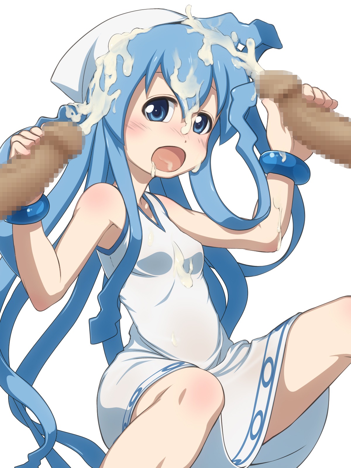 blue_eyes blue_hair bracelet censored cum cum_on_hair double_handjob dress ejaculation facial gangbang group_sex handjob hat highres ikamusume jewelry long_hair male multiple_penises open_mouth penis rule34 shinryaku!_ikamusume simple_background tam2 tentacle_hair