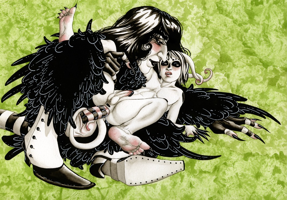 anal black_hair blush claws demon dominant duo dwarfism e621 erection feathers genitals hair hobbitdragon human hybrid larger_dom larger_male long_hair makeup male male/male male_penetrated male_penetrating male_penetrating_male mammal nipples not_furry paws penetration penis sex size_difference smaller_male spats stripes