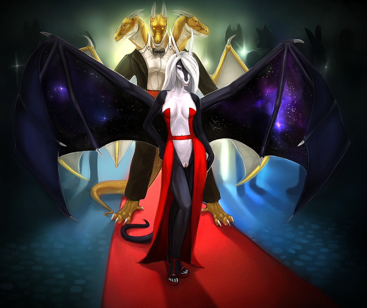 3_heads black_tie_(suit) bottomless bow_(feature) bow_tie breasts claws clothed clothing cosmic_flesh cosmic_wings dragon dress duo_focus e621 european_mythology female footwear genitals greek_mythology group hair high_heels horn hydra kirianna_tatsukao_(rithnok) koan_mascus_(rithnok) membrane_(anatomy) membranous_wings mostly_nude multi_head mythological_creature mythological_scalie mythology non-mammal_breasts red_carpet scalie shoes suit tail theowlette toe_claws vulva western_dragon white_hair wings