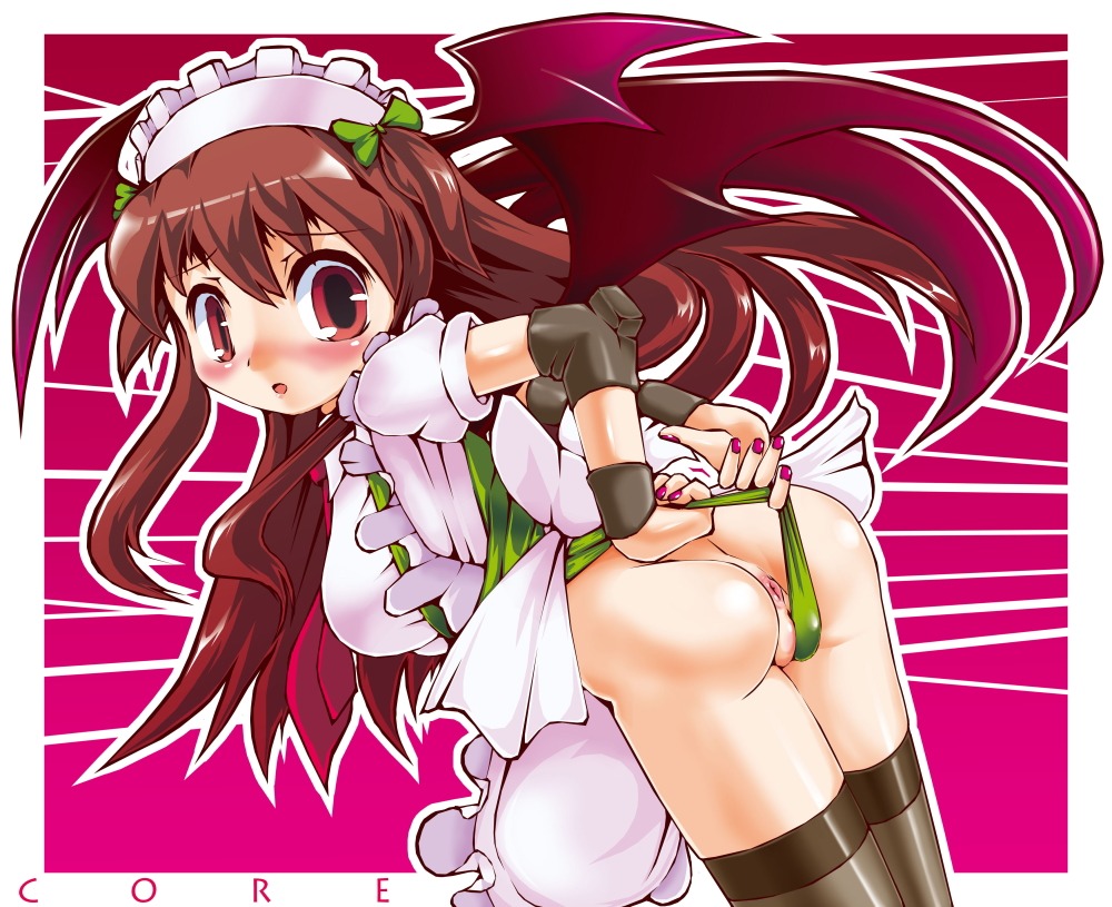anus bat_wings blush demon female head_wings headwings inaba_of_the_moon_and_inaba_of_the_earth koakuma long_hair pussy red_eyes red_hair rule34 succubus sukiyo thighhighs touhou wings