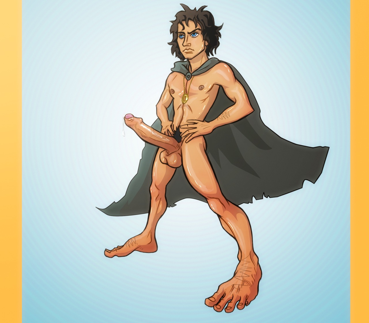 1boy anma balls barefoot blue_background blue_eyes erection feet fight_boner foreskin frodo_baggins frown hands_on_hips hobbit_(lotr) large_balls legs_apart long_penis lord_of_the_rings male male_nipples male_only naked_cape nipples partially_retracted_foreskin penis precum_drip proud_of_his_cock pubic_hair retracted_foreskin ring rule34 solo standing tagme the_one_ring uncircumcised uncut