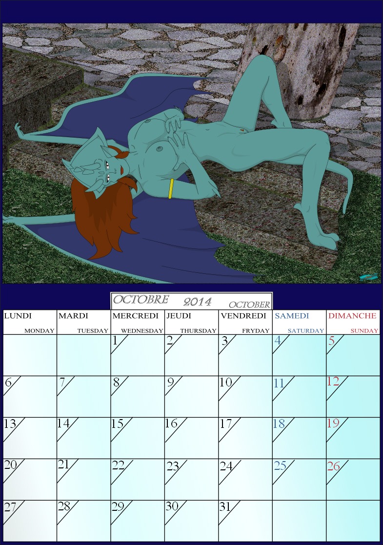 2014 breasts calendar calendar_graphic disney e621 fab3716 female french gargoyles genitals irl_trace nipples nude october_(month) ophelia_(gargoyles) outside pinup pose presenting presenting_breasts solo vulva