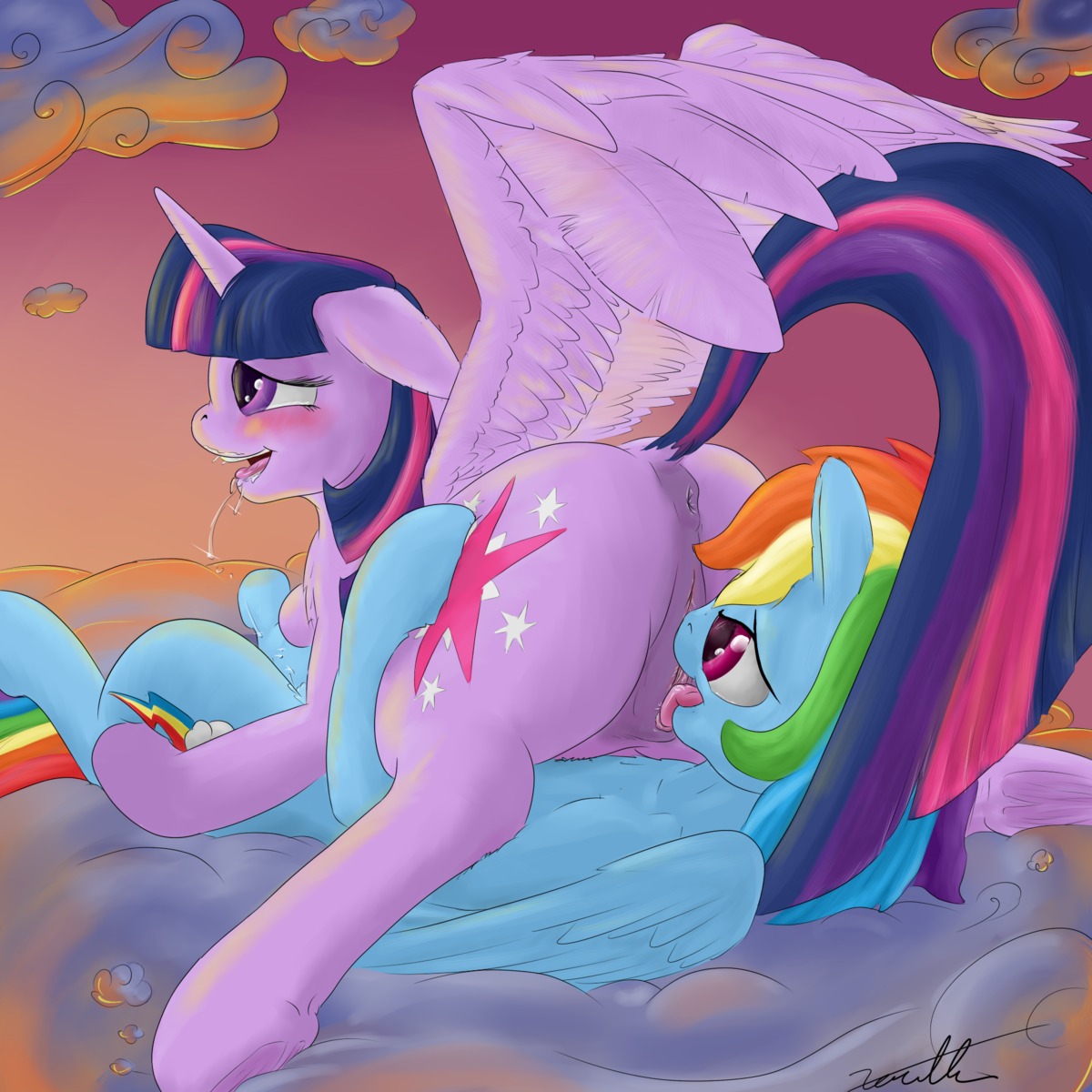 1:1 2014 69_position anus blue_body blue_feathers blue_fur blush bodily_fluids butt cloud cunnilingus cutie_mark drooling duo e621 equid equine eyelashes feathered_wings feathers female female/female female_on_bottom female_on_top feral feral_on_feral friendship_is_magic fur genitals hair half-closed_eyes hasbro hi_res hooves horn licking long_hair lying mammal multicolored_hair my_little_pony mythological_creature mythological_equine mythology narrowed_eyes on_back on_bottom on_front on_top open_mouth oral outside pegasus purple_body purple_eyes purple_fur purple_hair rainbow rainbow_dash_(mlp) rainbow_hair saliva sex smile sunset teeth tongue tongue_out twilight_sparkle_(mlp) two_tone_hair vaginal vulva wing_boner winged_unicorn wings xanthor