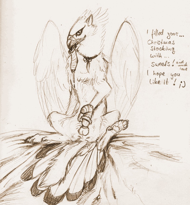 accipitrid accipitriform anthro avian beak bedding bird blanket bodily_fluids canid canine canis christmas clothing cum e621 eagle english_text erection feathered_wings feathers genital_fluids genitals gryphon holidays legwear male mammal mjoellnir monochrome mythological_avian mythological_creature mythology paws penis solo stockings text wings wolf wolfgryph
