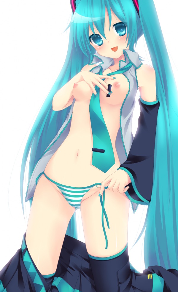 1girl 1girls aqua_eyes aqua_hair blush breasts detached_sleeves etou_(cherry7) female hatsune_miku long_hair nail_polish navel necktie nipples open_clothes open_mouth open_shirt panties rule34 shirt side-tie_panties simple_background skirt small_breasts smile solo striped striped_panties thighhighs tied_hair twintails underwear undressing untied very_long_hair vocaloid